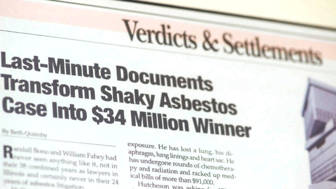 A newspaper reads "Last-Minute Documents Transform Shake Asbestos Case Into $34 Million Winer"